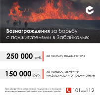 Вознаграждение за помощь в борьбе с поджогами лесов и полей в Забайкалье увеличено Вознаграждение за помощь в борьбе с поджогами лесов и полей в Забайкалье увеличено.